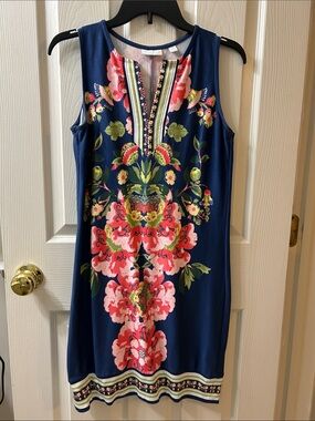 New York & Company Navy Sleeveless Floral Shift with Pink and Lime Accents